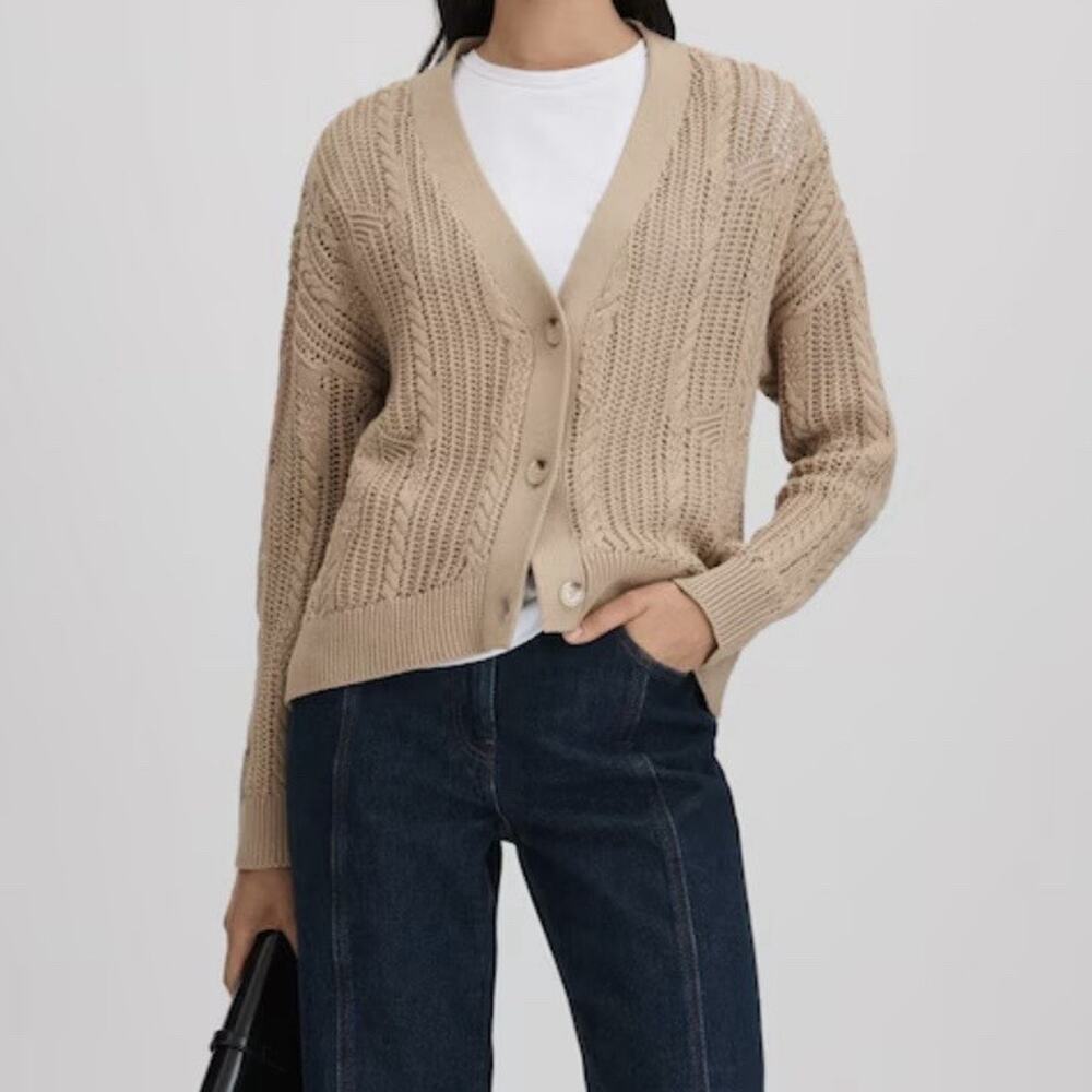 Reiss Tiffany Cotton Open Stitch Cardigan Sz M Neutral Brown Minimalist Staple